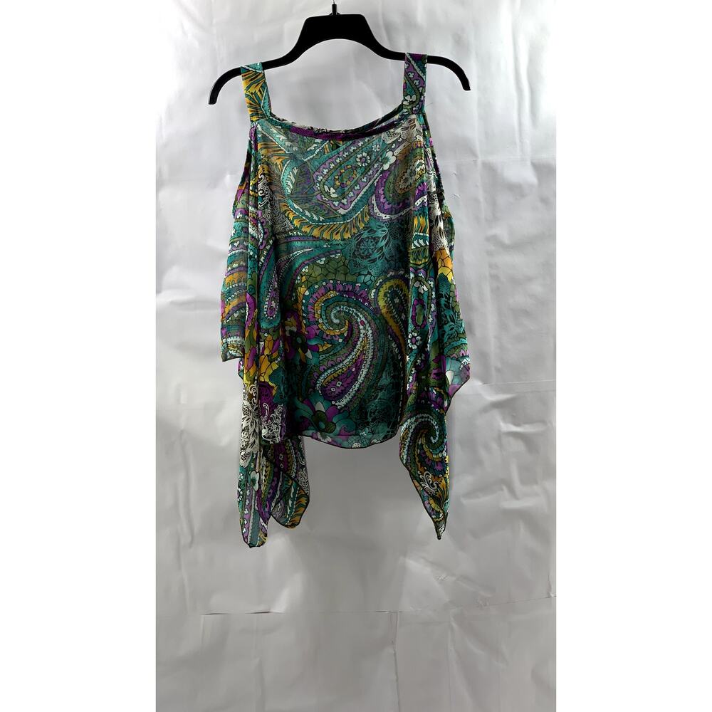 MANDEE Women's Green Sheer Printed Straight-Neck Cutout Shoulder Top SZ S